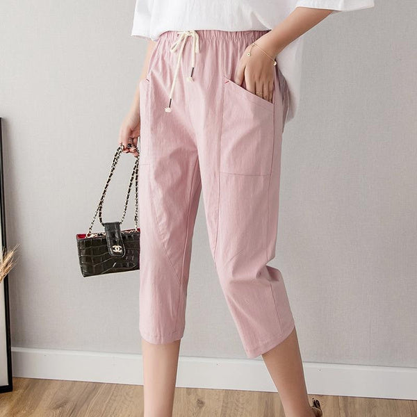 Women's Linen Cotton Cropped Pants, Lightweight Slim Fit Casual Capris, Plus Size Loose Harem Trousers