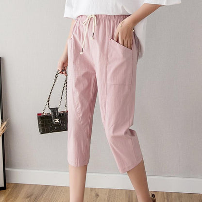 Women's Linen Cotton Cropped Pants, Lightweight Slim Fit Casual Capris, Plus Size Loose Harem Trousers