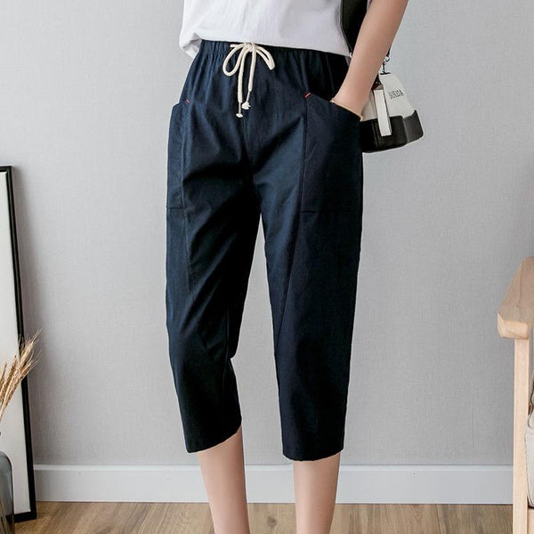Women's Linen Cotton Cropped Pants, Lightweight Slim Fit Casual Capris, Plus Size Loose Harem Trousers