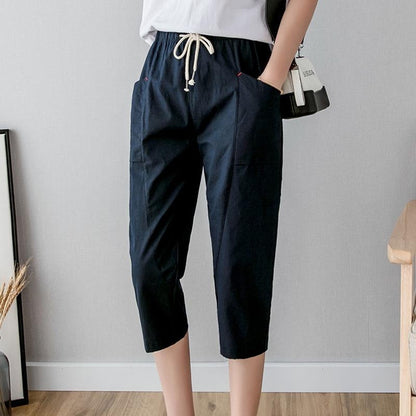 Women's Linen Cotton Cropped Pants, Lightweight Slim Fit Casual Capris, Plus Size Loose Harem Trousers