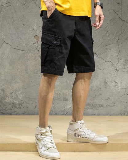 Men’s Outdoor Cargo Shorts, Multi-Pocket Black Streetwear, Loose Fit Casual Knee-Length Pants