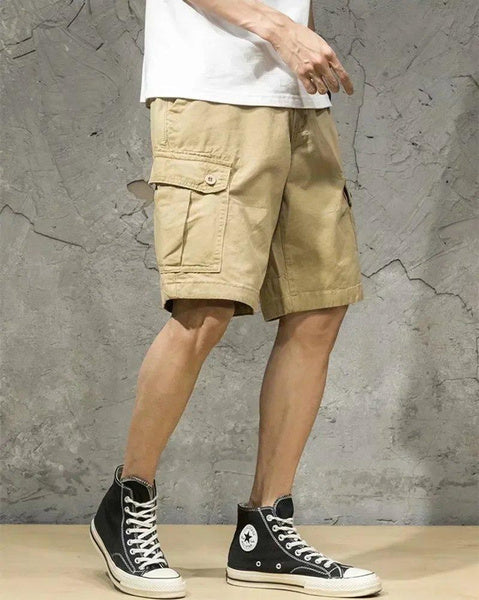 Men’s Outdoor Cargo Shorts, Multi-Pocket Black Streetwear, Loose Fit Casual Knee-Length Pants