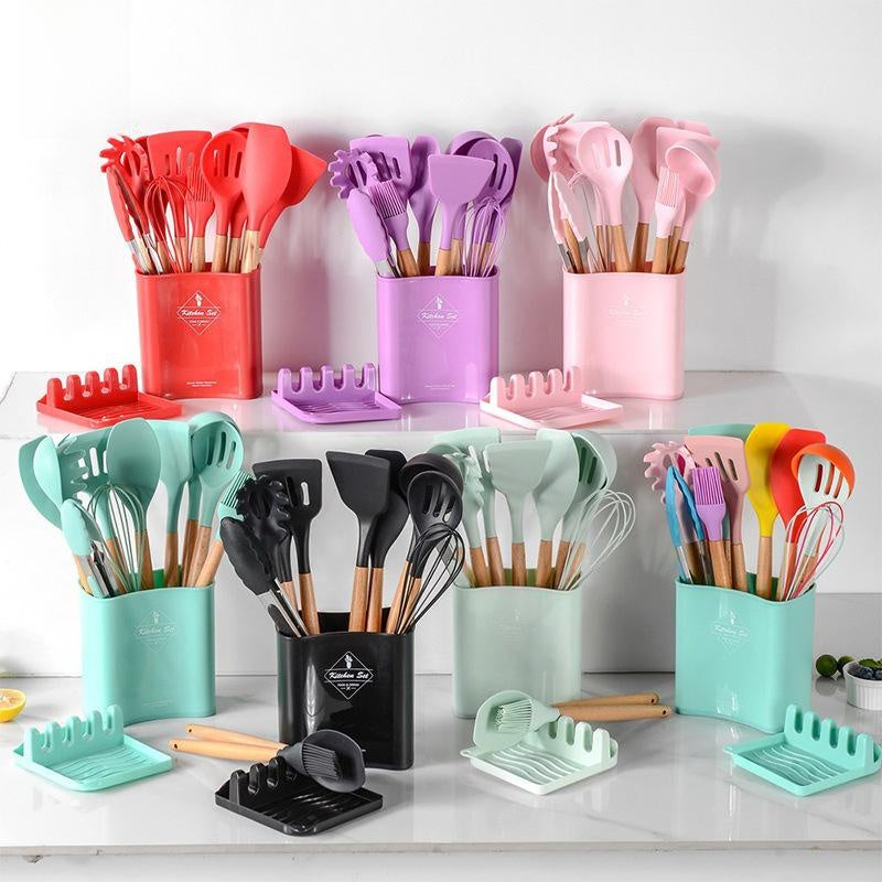 12-Piece Silicone Kitchen Utensil Set with Wooden Handles, Non-Stick Cooking Tools Include Spatula, Ladle, Turner, and More
