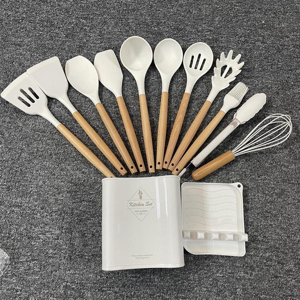 12-Piece Silicone Kitchen Utensil Set with Wooden Handles, Non-Stick Cooking Tools Include Spatula, Ladle, Turner, and More