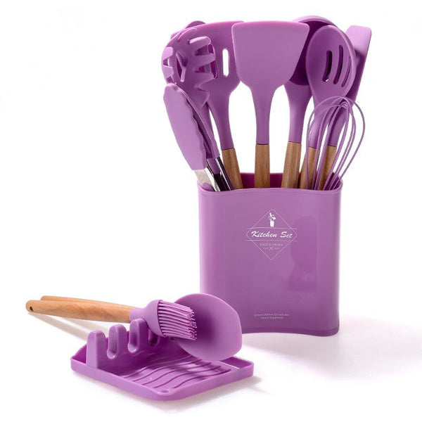 12-Piece Silicone Kitchen Utensil Set with Wooden Handles, Non-Stick Cooking Tools Include Spatula, Ladle, Turner, and More