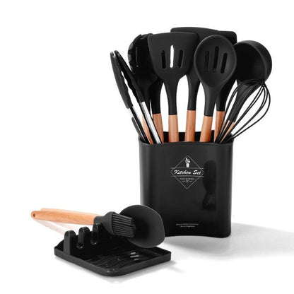 12-Piece Silicone Kitchen Utensil Set with Wooden Handles, Non-Stick Cooking Tools Include Spatula, Ladle, Turner, and More