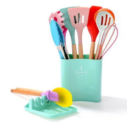 12-Piece Silicone Kitchen Utensil Set with Wooden Handles, Non-Stick Cooking Tools Include Spatula, Ladle, Turner, and More