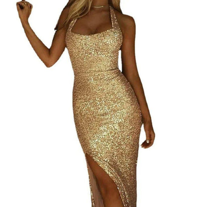 Gold Sequin Split Maxi Dress Sexy Party Evening Gown Elegant Summer Fashion for Women