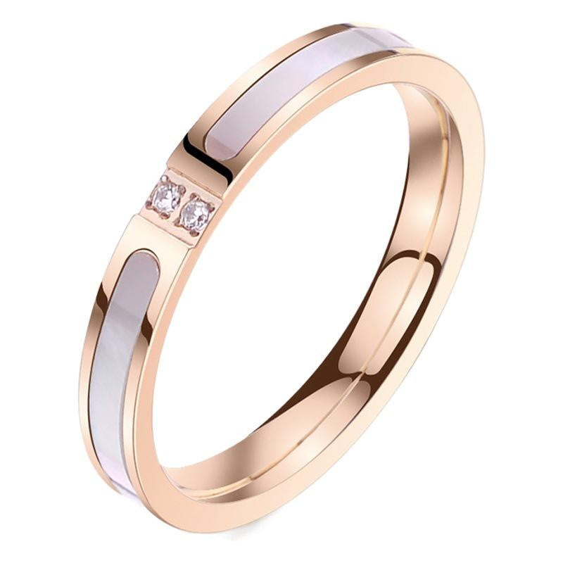 Korean Style Rose Gold Titanium Steel Ring for Women, Double Diamond Inlaid White Mother of Pearl, Fashionable Statement Band