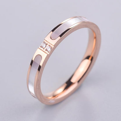 Korean Style Rose Gold Titanium Steel Ring for Women, Double Diamond Inlaid White Mother of Pearl, Fashionable Statement Band