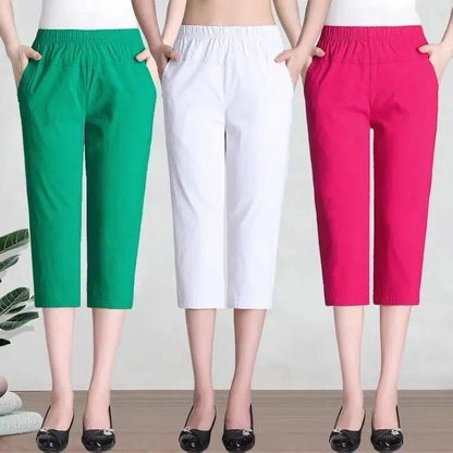 Colorful High-Stretch Plus Size Cotton Capris for Women – Comfortable Elastic Waist Mid-Calf Pants for Mature Ladies