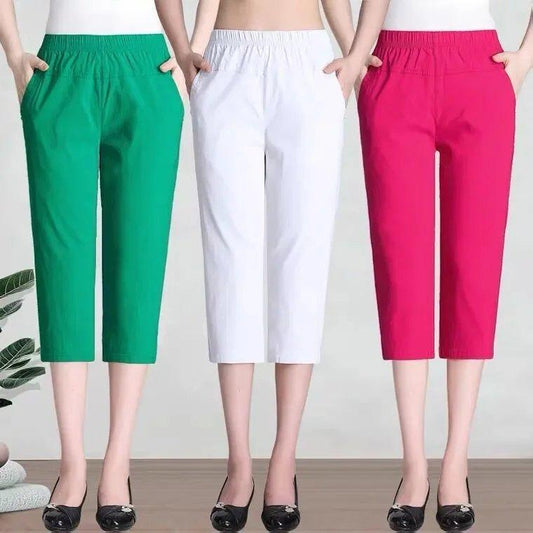 Colorful High-Stretch Plus Size Cotton Capris for Women – Comfortable Elastic Waist Mid-Calf Pants for Mature Ladies