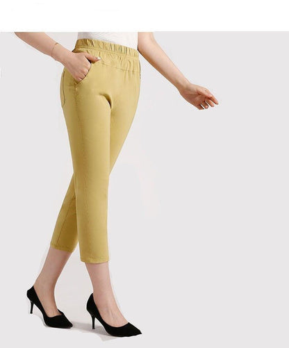 Colorful High-Stretch Plus Size Cotton Capris for Women – Comfortable Elastic Waist Mid-Calf Pants for Mature Ladies