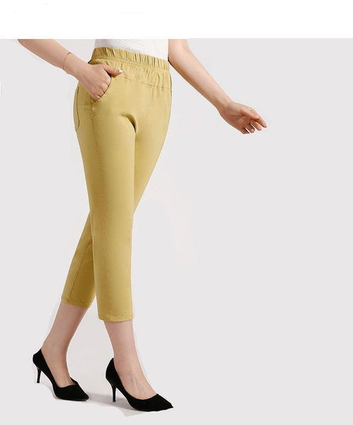 Colorful High-Stretch Plus Size Cotton Capris for Women – Comfortable Elastic Waist Mid-Calf Pants for Mature Ladies