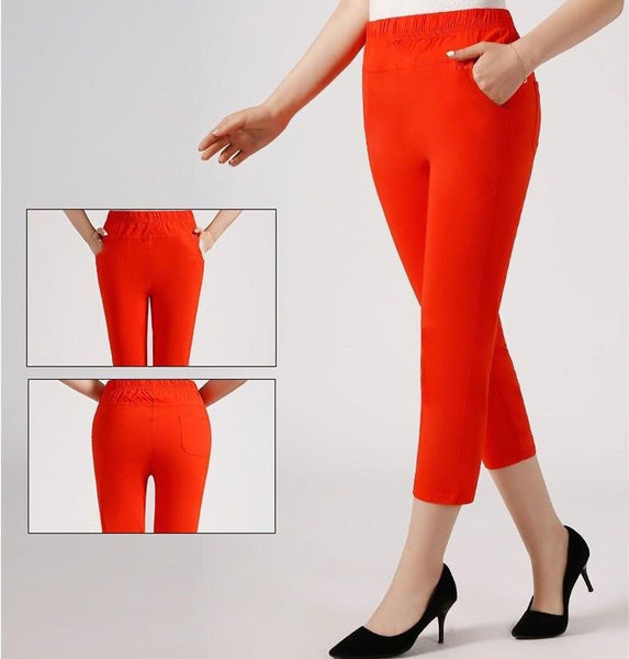 Colorful High-Stretch Plus Size Cotton Capris for Women – Comfortable Elastic Waist Mid-Calf Pants for Mature Ladies