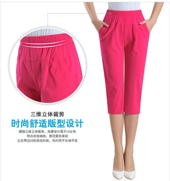 Colorful High-Stretch Plus Size Cotton Capris for Women – Comfortable Elastic Waist Mid-Calf Pants for Mature Ladies