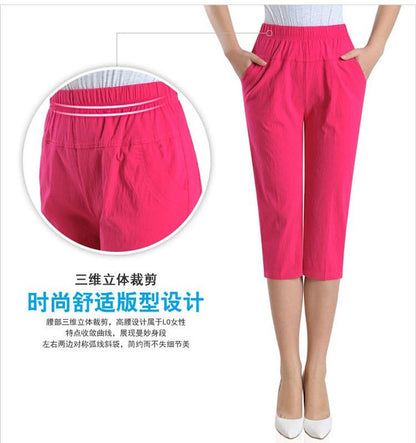 Colorful High-Stretch Plus Size Cotton Capris for Women – Comfortable Elastic Waist Mid-Calf Pants for Mature Ladies