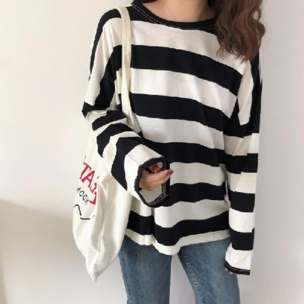 Women's Striped Long Sleeve T-Shirt, Loose Fit Korean Style, Casual Spring Autumn Top for Students
