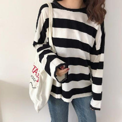 Women's Striped Long Sleeve T-Shirt, Loose Fit Korean Style, Casual Spring Autumn Top for Students