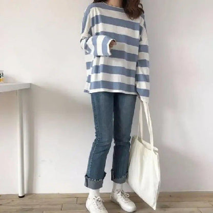 Women's Striped Long Sleeve T-Shirt, Loose Fit Korean Style, Casual Spring Autumn Top for Students