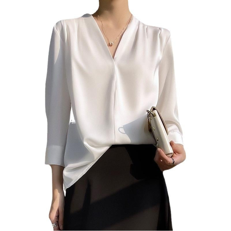 Elegant Silk Satin V-Neck Blouse for Women, Loose Fit, Plus Size, Unique Acetate Shirt, Korean Style, Chic White Top
