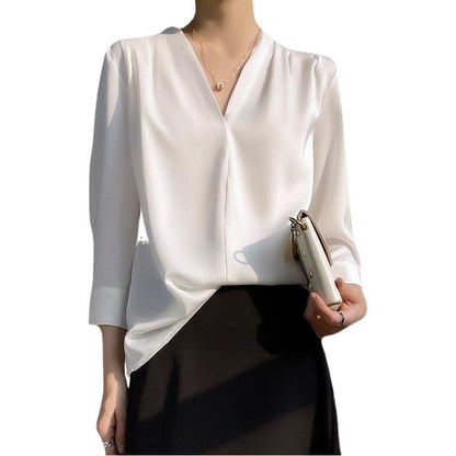 Elegant Silk Satin V-Neck Blouse for Women, Loose Fit, Plus Size, Unique Acetate Shirt, Korean Style, Chic White Top