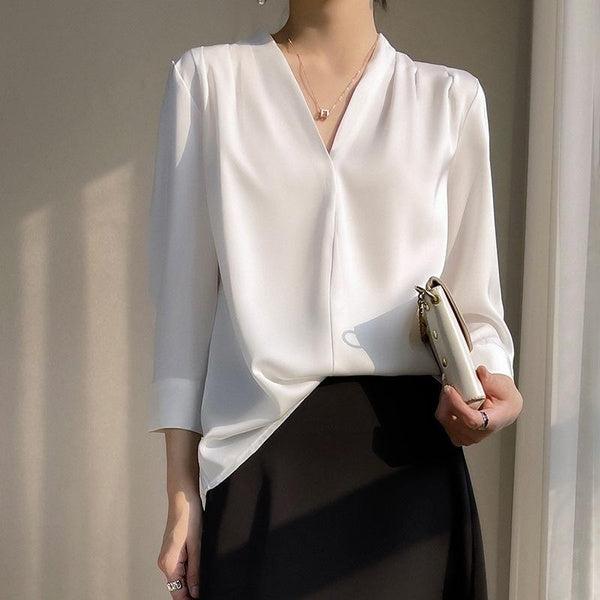Elegant Silk Satin V-Neck Blouse for Women, Loose Fit, Plus Size, Unique Acetate Shirt, Korean Style, Chic White Top