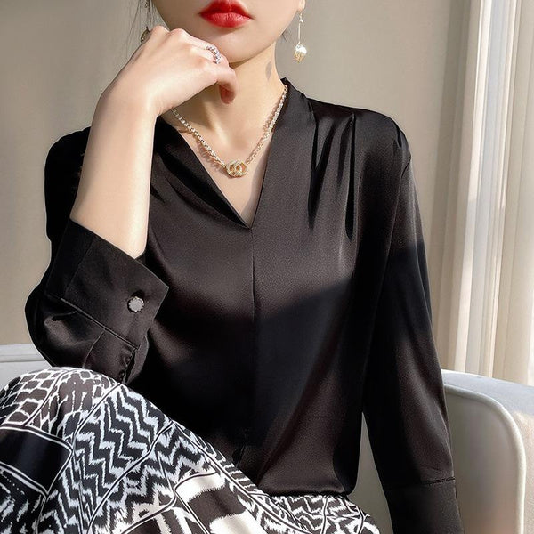 Elegant Silk Satin V-Neck Blouse for Women, Loose Fit, Plus Size, Unique Acetate Shirt, Korean Style, Chic White Top