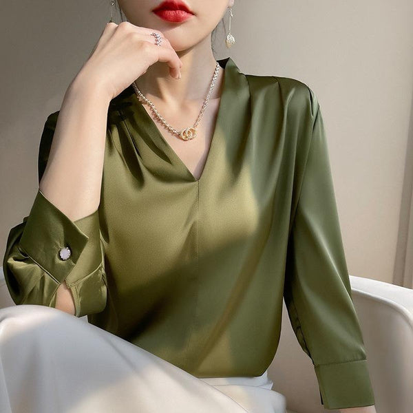Elegant Silk Satin V-Neck Blouse for Women, Loose Fit, Plus Size, Unique Acetate Shirt, Korean Style, Chic White Top