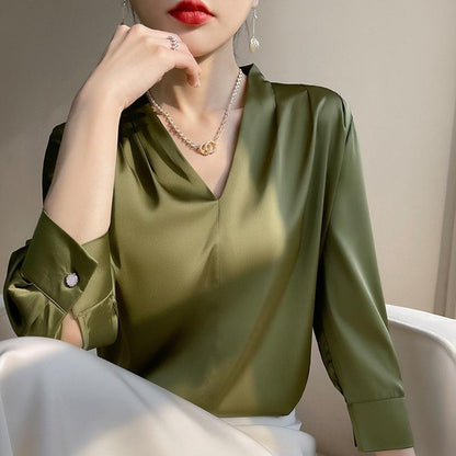 Elegant Silk Satin V-Neck Blouse for Women, Loose Fit, Plus Size, Unique Acetate Shirt, Korean Style, Chic White Top