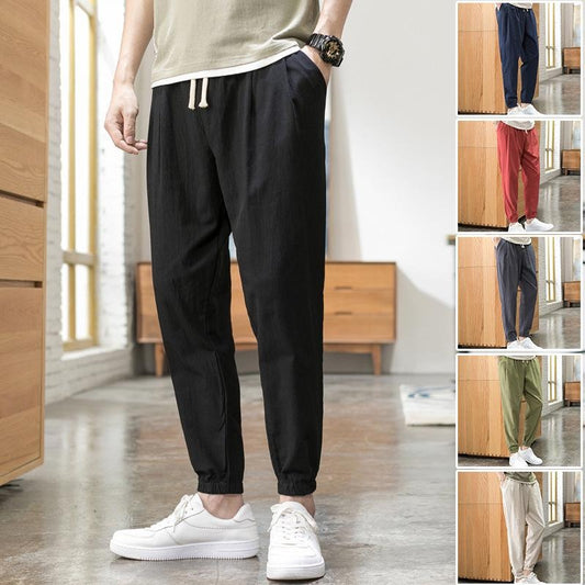Men’s Chinese Style Linen Jogger Pants, Loose Fit Cotton-Linen Harem Trousers, Lightweight Lantern Pants