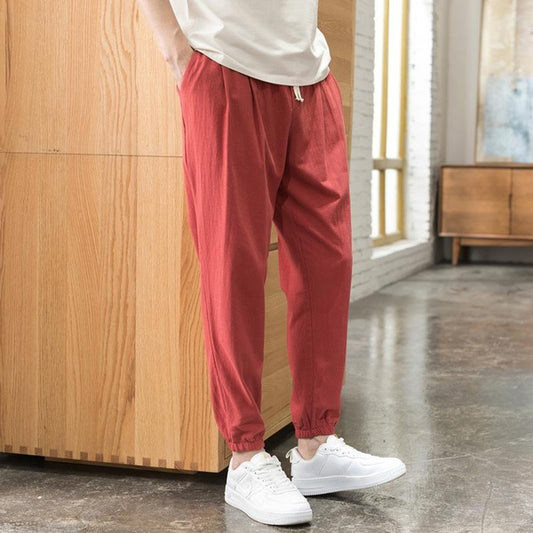 Men’s Chinese Style Linen Jogger Pants, Loose Fit Cotton-Linen Harem Trousers, Lightweight Lantern Pants