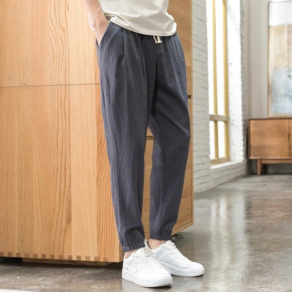 Men’s Chinese Style Linen Jogger Pants, Loose Fit Cotton-Linen Harem Trousers, Lightweight Lantern Pants