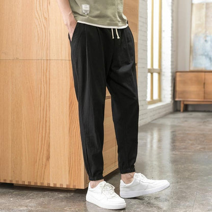 Men’s Chinese Style Linen Jogger Pants, Loose Fit Cotton-Linen Harem Trousers, Lightweight Lantern Pants