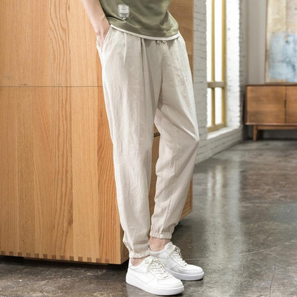 Men’s Chinese Style Linen Jogger Pants, Loose Fit Cotton-Linen Harem Trousers, Lightweight Lantern Pants