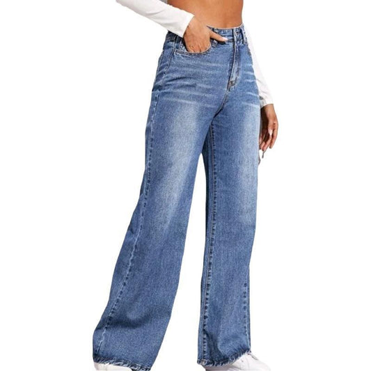 Trendy High-Waisted Wide Leg Jeans for Women, Washed Denim with Whisker Detailing and Relaxed Fit