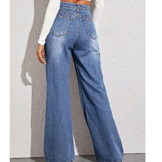 Trendy High-Waisted Wide Leg Jeans for Women, Washed Denim with Whisker Detailing and Relaxed Fit