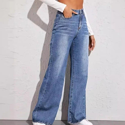 Trendy High-Waisted Wide Leg Jeans for Women, Washed Denim with Whisker Detailing and Relaxed Fit