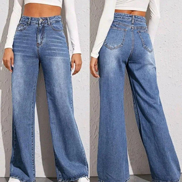 Trendy High-Waisted Wide Leg Jeans for Women, Washed Denim with Whisker Detailing and Relaxed Fit