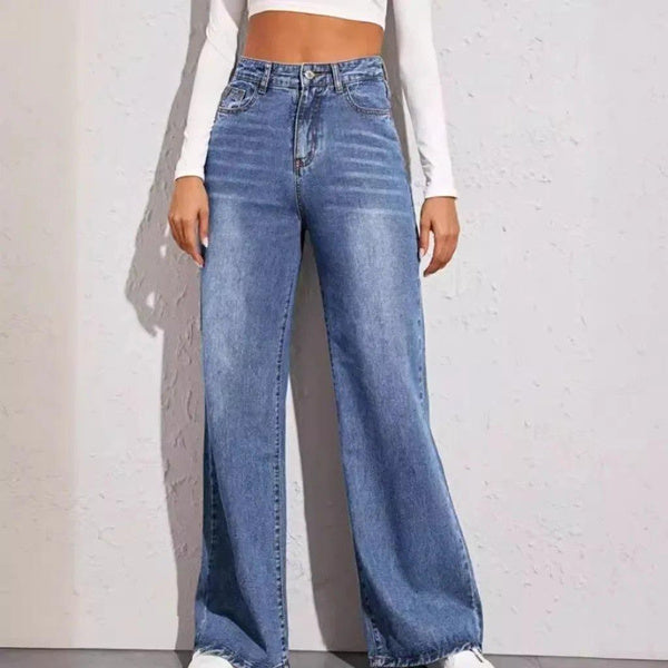 Trendy High-Waisted Wide Leg Jeans for Women, Washed Denim with Whisker Detailing and Relaxed Fit