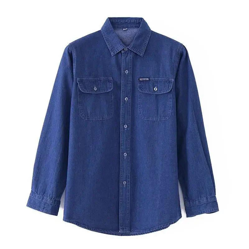 Men's Cotton Denim Long Sleeve Shirt, Loose Fit Casual Plus Size Workwear Top