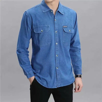 Men's Cotton Denim Long Sleeve Shirt, Loose Fit Casual Plus Size Workwear Top