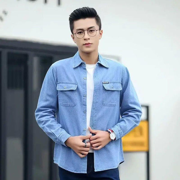 Men's Cotton Denim Long Sleeve Shirt, Loose Fit Casual Plus Size Workwear Top