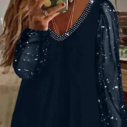 Sequin Long Sleeve V-Neck Blouse for Women, Pleated Mesh Casual Holiday Top, Lightweight Polyester Autumn Shirt