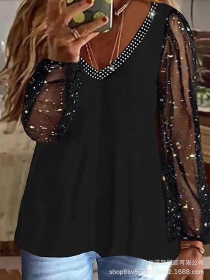 Sequin Long Sleeve V-Neck Blouse for Women, Pleated Mesh Casual Holiday Top, Lightweight Polyester Autumn Shirt