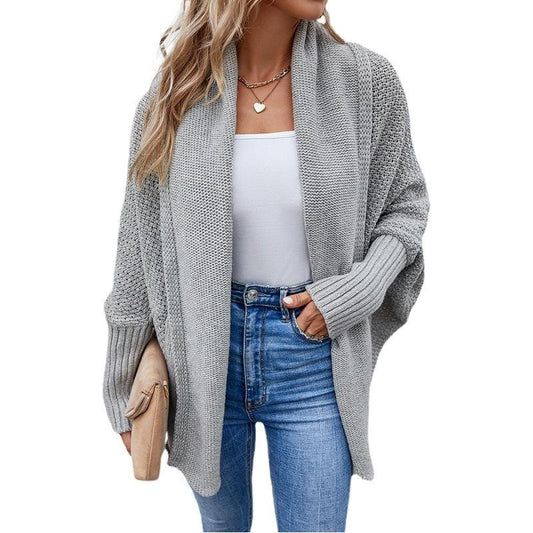 Women's Solid Color Batwing Sleeve Knit Cardigan Sweater, Elegant Open Front Outwear