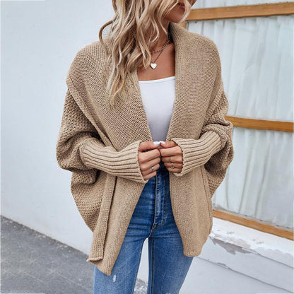 Women's Solid Color Batwing Sleeve Knit Cardigan Sweater, Elegant Open Front Outwear