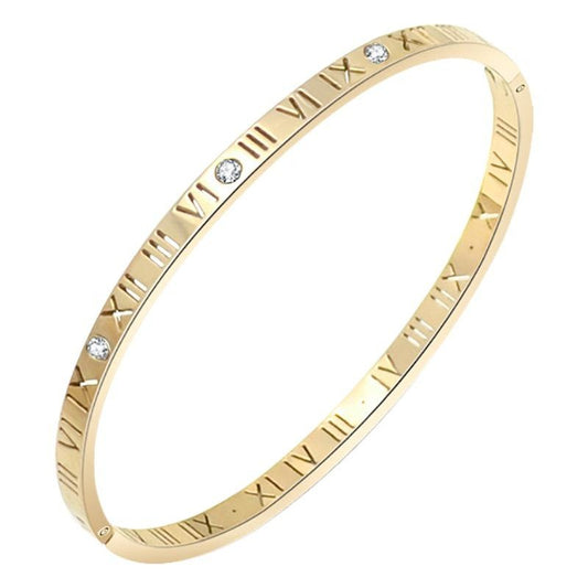 Elegant Roman Numeral Diamond-Accented Slim Cuff Bracelet, Luxe Titanium Steel, Fade-Resistant