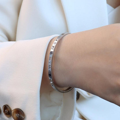 Elegant Roman Numeral Diamond-Accented Slim Cuff Bracelet, Luxe Titanium Steel, Fade-Resistant