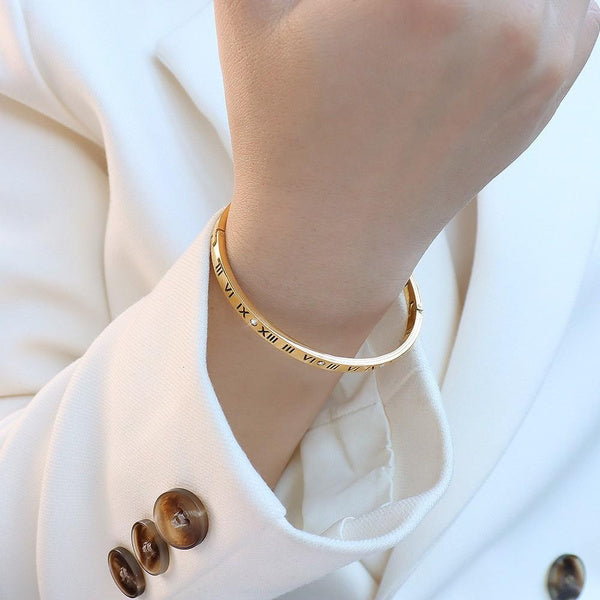 Elegant Roman Numeral Diamond-Accented Slim Cuff Bracelet, Luxe Titanium Steel, Fade-Resistant